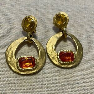 Vintage Hammered Gold-Tone Statement Earrings with Citrine-Colored Stones
